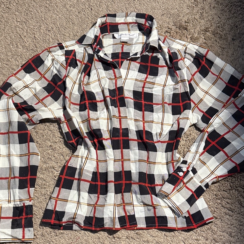 Vintage 1980’s Michelle Stuart Tapered Plaid Button Up Blouse Womens S/XS 6P